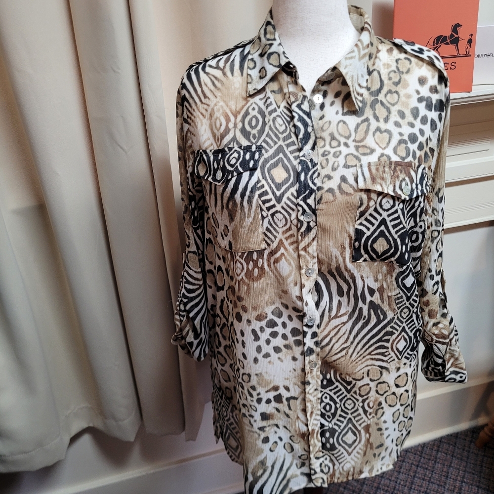 Ruby Rd. Button Down Tunic Shirt Sheer Animal Print Size 14
